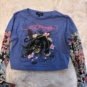 Ed Hardy Long Sleeve Crop Shirt with Panther Design